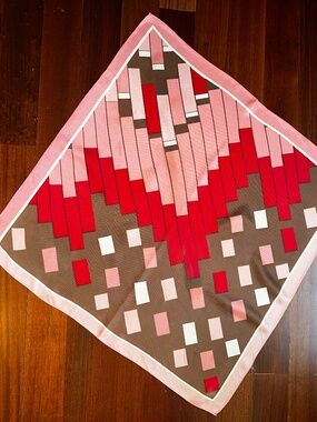 Vntage 70's Mod Geometric Silk Scarf ~ Pink ~ Red ~ Brown